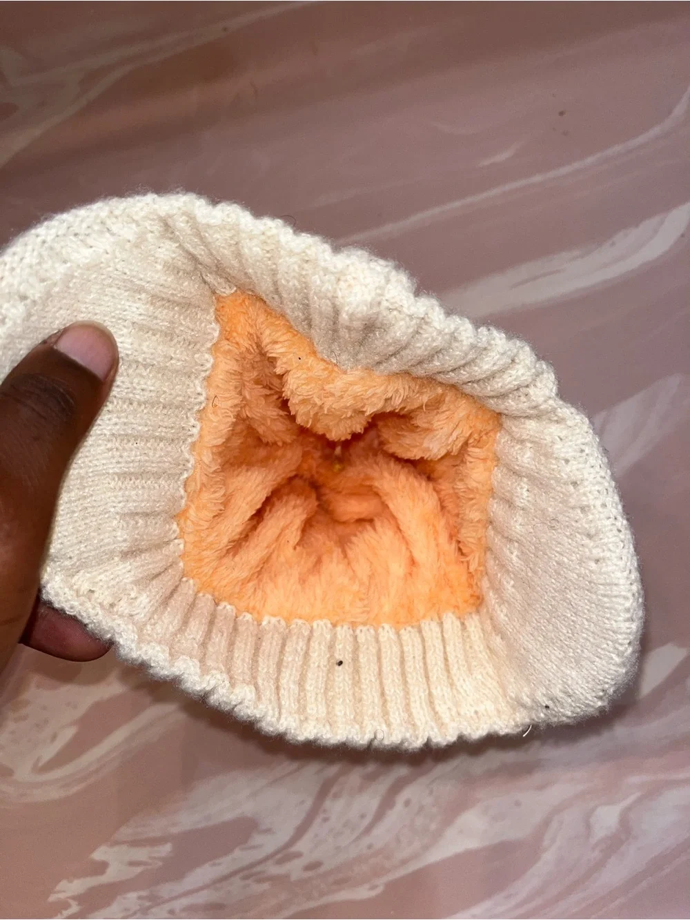 Cream Knit Winter Hat with Brown Star Ear Patches